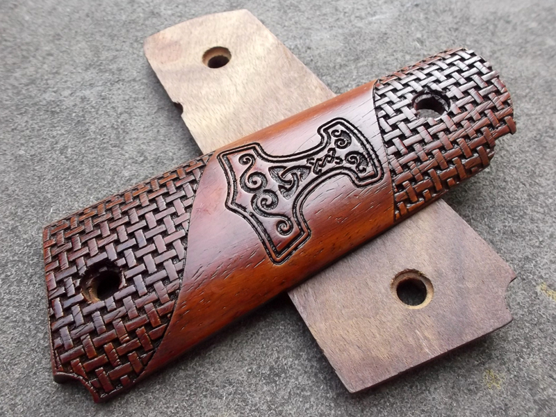 Front and Rear of The Full Size Wood 1911 Pistol Grips with Small Thor's Hammer