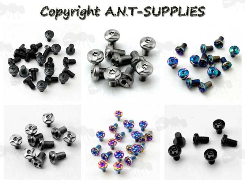 Assortment of Six Decorative Designs of Torx Head Screws for 1911 Pistol Grips, with Metric Threads, in Four Colour Finish Options