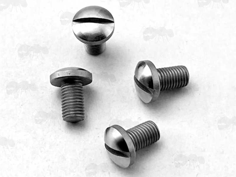 Set of Four Slotted Head Screws for 1911 Pistol Grips, with Metric Threads, in Silver Finish, One Shown Fitted to Wooden Panel Grip
