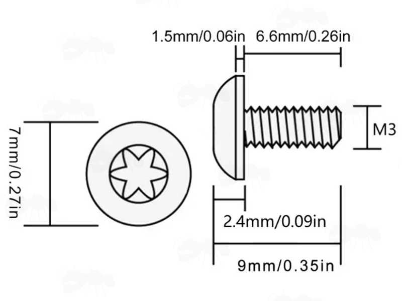Specifications of the 3mm Threaded Decorative Torx Head Screws for 1911 Pistol Grips