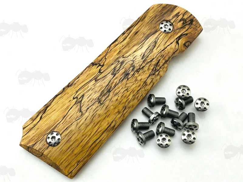 Decorative Holed Torx Head Screws for 1911 Pistol Grips, with Metric Threads, in Silver Finish, Two Shown Fitted to Wooden Panel Grip