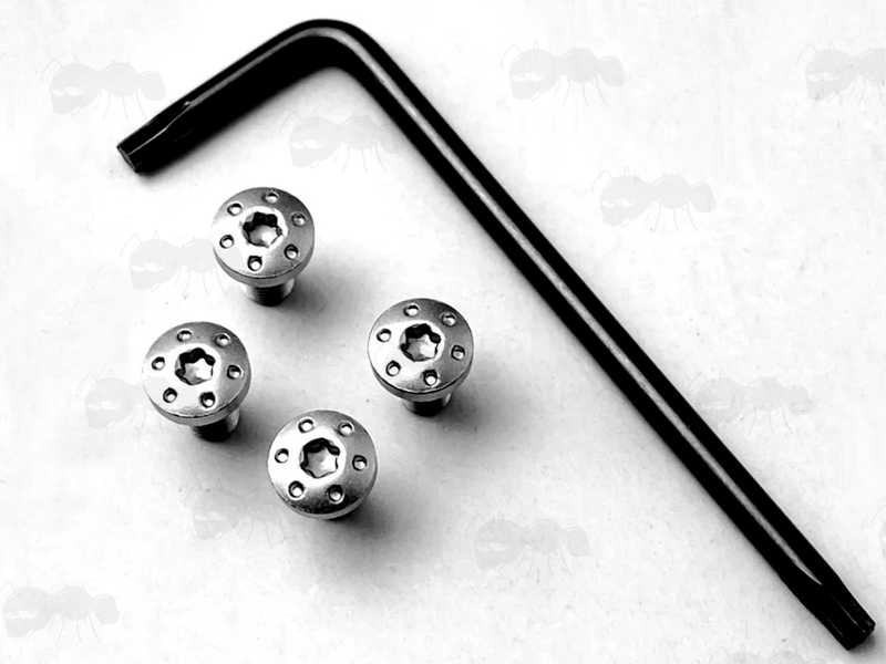 Set of Four Decorative Holed Torx Head Screws for 1911 Pistol Grips, with Metric Threads, in Silver Finish