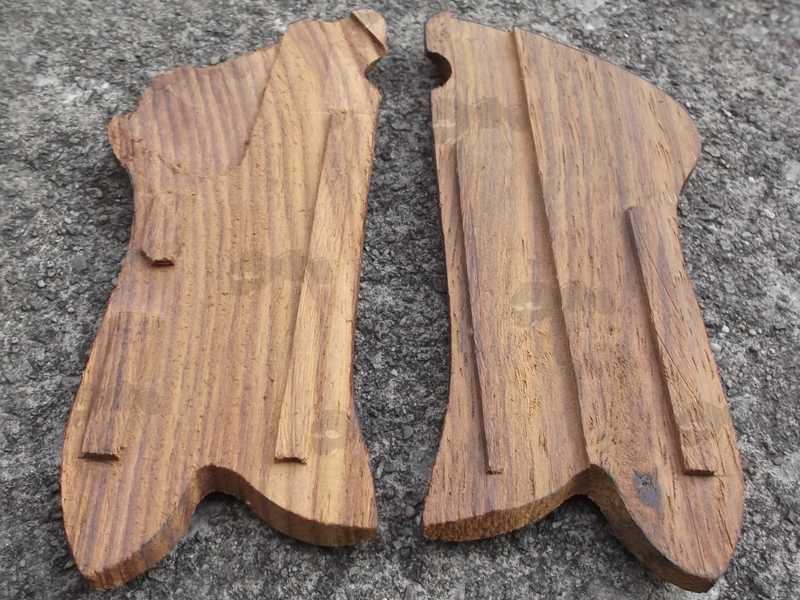 Back Cut-Outs View of The Pair of Wooden Luger P08 Pistol Grips with Detailed Fully Chequered Pattern