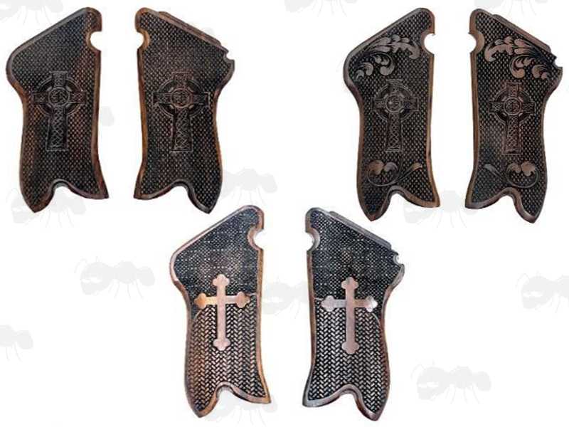 Two Pairs of Wooden Luger P08 Pistol Grips with Detailed Fully Chequered Pattern