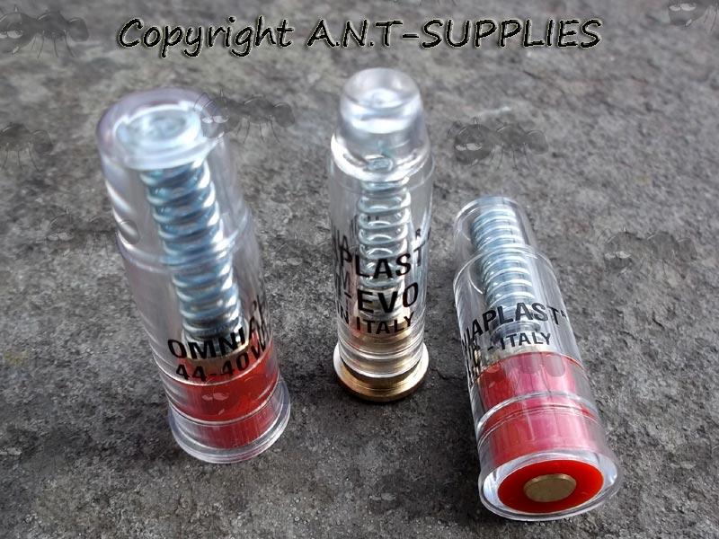Three Assorted Omniaplast Plastic Body Rifle Snap Caps in .357M / .38SP, .44-40 Wincester, .45 Long Cartridge Calibres