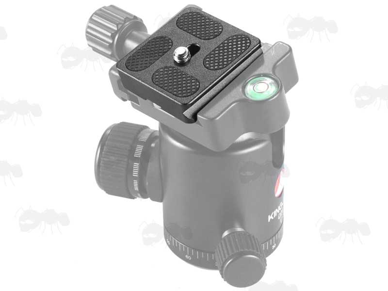 40mm Long 1/4-20 Thread Camera Base Plate Adapter for ARCA Swiss Mounting Rails, Shown Fitted to a Ball and Socket ARCA Swiss Tripod Head