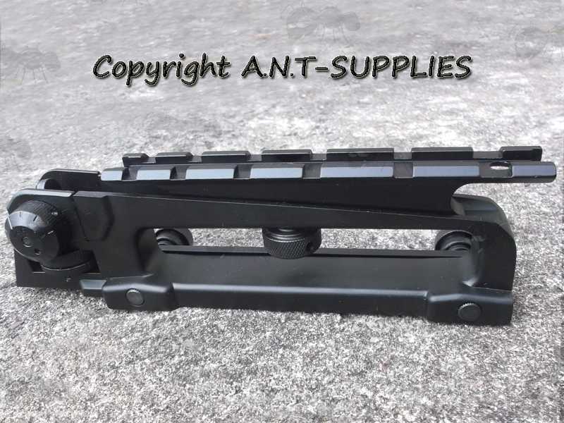 Aluminium M4 M16 Series Rifle Carry Handle, Shown with a Slot-In Six Slot Weaver Sight Rail Adapter Fitted