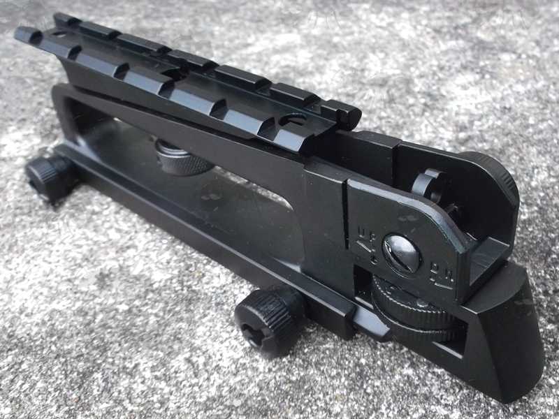 Aluminium M4 M16 Series Rifle Carry Handle, Shown with a Slot-In Six Slot Weaver Sight Rail Adapter Fitted