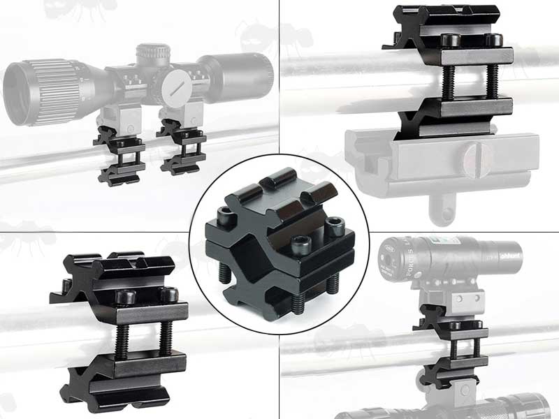 Small Twin Weaver / Picatinny Rail Barrel Mount, Shown in Various Uses