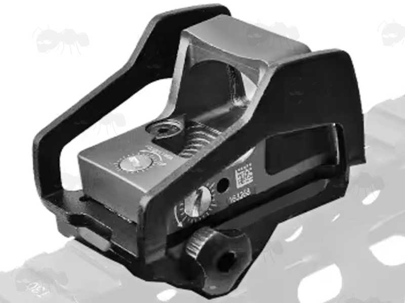 Black Exoskeleton Protective Design Picatinny Rail Mount Shown Fitted to Mini Red Dot Sight on a Rifle Railed Handguard
