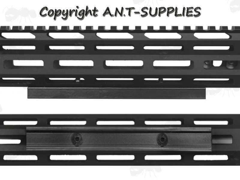 UIT / Anschutz T-Channel Accessory Rail Adapter for M-Lok Slot Rifle Handguards, Shown Fitted On a M-Lok Handguard in Side Profile and Base Views