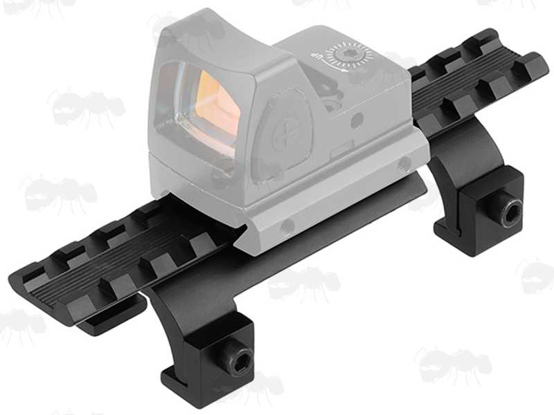 Black MP5 Low-Profile Sight Base Extended Rail Claw Mount, Shown with Dot Sight Fitted