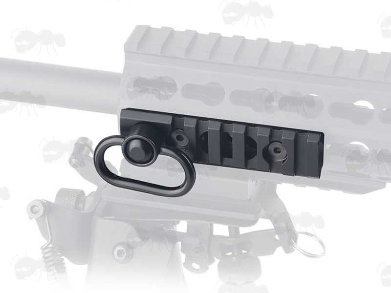 Six Slot Length of Picatinny Rail with a 10mm Socket Swivel Port and a QD Push Button Swivel Included, Shown Fitted to a KeyMod Handguard