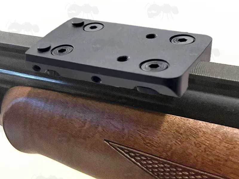 Red Dot Sight Base Plate for Shotgun Ribs, Plate Type Number 3, Shown Fitted to a Shotgun Rib