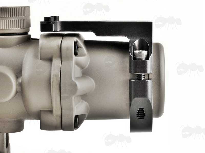 Black Mount Adapter for Fitting RMR Sights to ACOG Scopes Without Bosses, Shown Being Fitted
