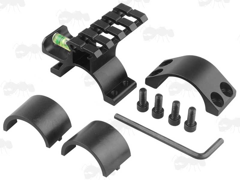 Dismantled View of The Four Slot Length See-Through High-Profile Weaver / Picatinny Extended Accessory Rail Ring Top for 30mm Diameter Scope Body, with 25mm Diameter Ring Adapters Included