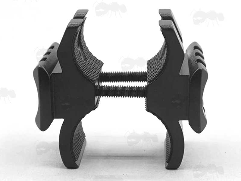 End Clamp Profile View of The Black Aluminium Shotgun Barrel Magazine Tube Clamp Rail Base Adapter with 10mm Port Push Button Swivel