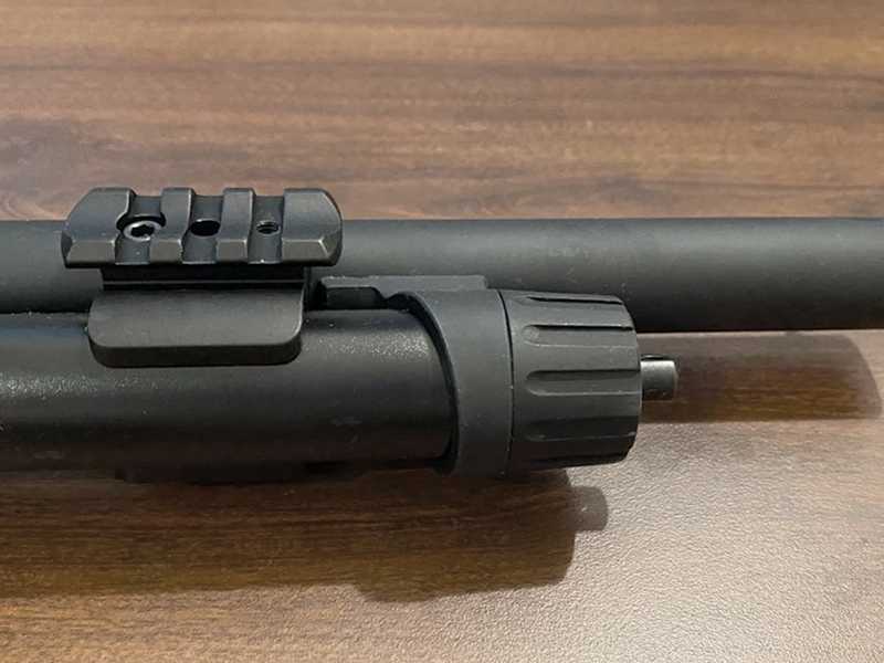 Black Aluminium Shotgun Barrel Magazine Tube Clamp Rail Base Adapter with 10mm Port Push Button Swivel, Show Installed