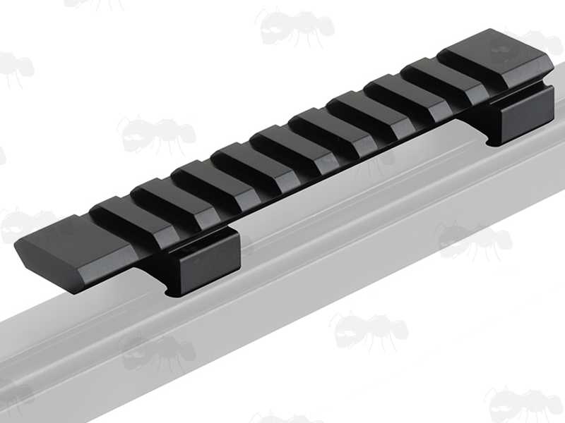 9.5-11mm Dovetail to 20mm Weaver / Picatinny Forward Reach Rail See-Thru Adapter, Shown Fitted to a Dovetail Riser Rifle Rail