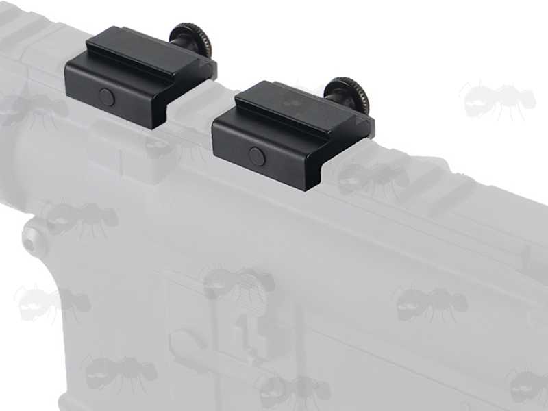 P{air of 20mm Weaver / Picatinny Rail to Dovetail Rail Adapters with Aluminium Plates, Shown Fitted to a Picatinny Rifle Sight Rail