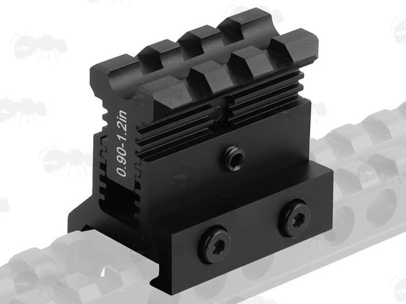 Adjustable 0.9-1.2 Inch Elevation Three Slot Long Weaver / Picatinny Riser Rail, Shown Fitted to Rail