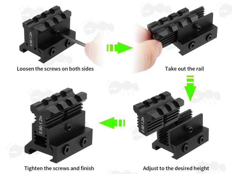 Adjustment Guide for The Adjustable 0.9-1.2 Inch Elevation Three Slot Long Weaver / Picatinny Riser Rail