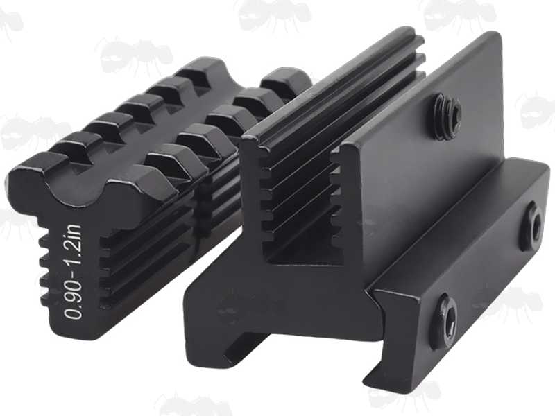 Disassembled View of The Adjustable 0.9-1.2 Inch Elevation Five Slot Long Weaver / Picatinny Riser Rail