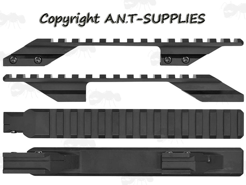 Side, Top and Base View of The 11mm Dovetail to 20mm  Picatinny / Weaver Forward Reach Rail Adapter