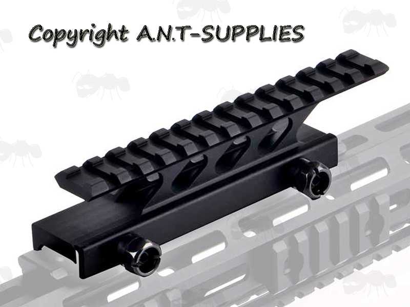 Cantilever Picatinny Sight Rail Riser with 13 Cross Slots, Shown Fitted to a Rifle RIS Handguard