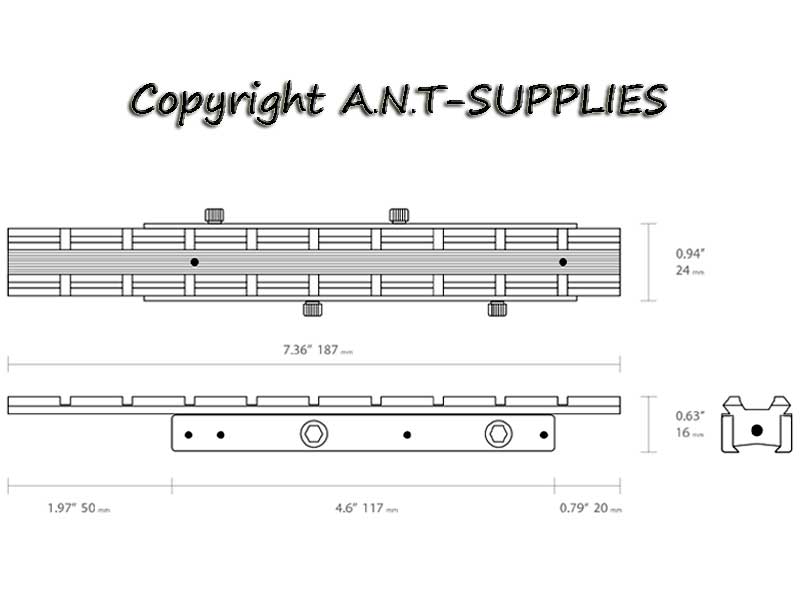 Technical Specs Diagram of Hawke Adjustable MOA Dovetail to Weaver Extended Rail Adapter, Model 22 404