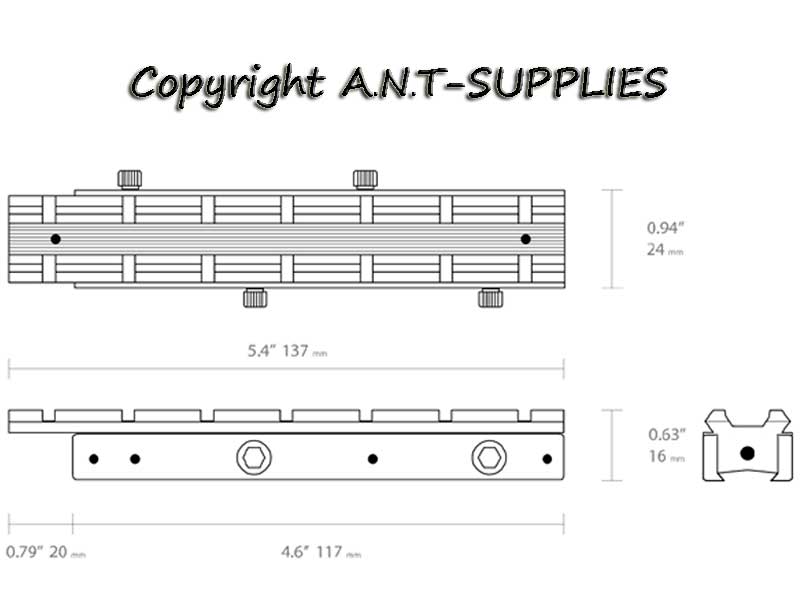 Technical Specs Diagram of Hawke Adjustable MOA Dovetail to Weaver Rail Adapter, Model 22 403