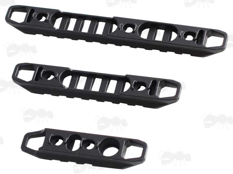 Base View of The Set of Three Black Skeletonised Picatinny Accessory Rails with Sling Attachment Points, with Dual Fittings for M-Lok or KeyMod Slotted Handguards