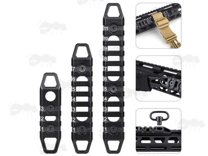 Sling Fitting Attachment Guide for The Set of Three Black Skeletonised Picatinny Accessory Rails, with Dual Fittings for M-Lok or KeyMod Slotted Handguards
