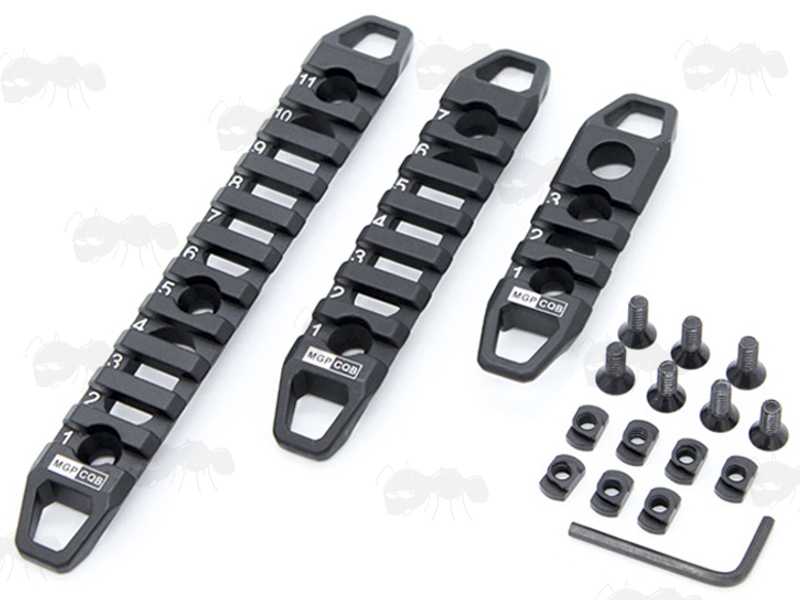 Set of Three Black Skeletonised Picatinny Accessory Rails with Sling Attachment Points, with Dual Fittings for M-Lok or KeyMod Slotted Handguards