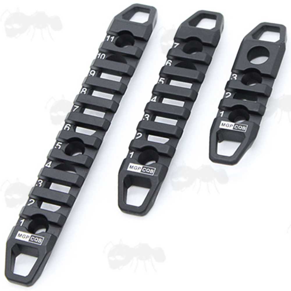 Set of Three Black Skeletonised Picatinny Accessory Rails with Sling Attachment Points, with Dual Fittings for M-Lok or KeyMod Slotted Handguards
