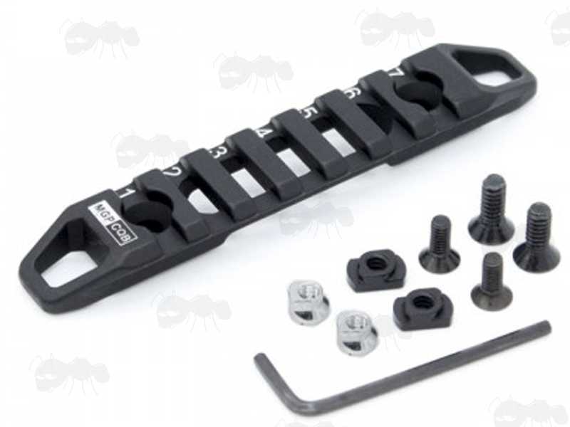 Seven Slot Length Black Skeletonised Picatinny Accessory Rails with Sling Attachment Points, with Dual Fittings for M-Lok or KeyMod Slotted Handguards