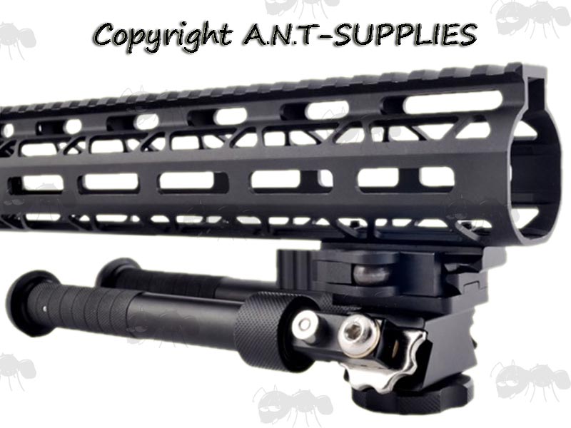 Rifle Bipod on a Black Metal M-Lok Accessory Rail Fitted to an M-Lok Handguard