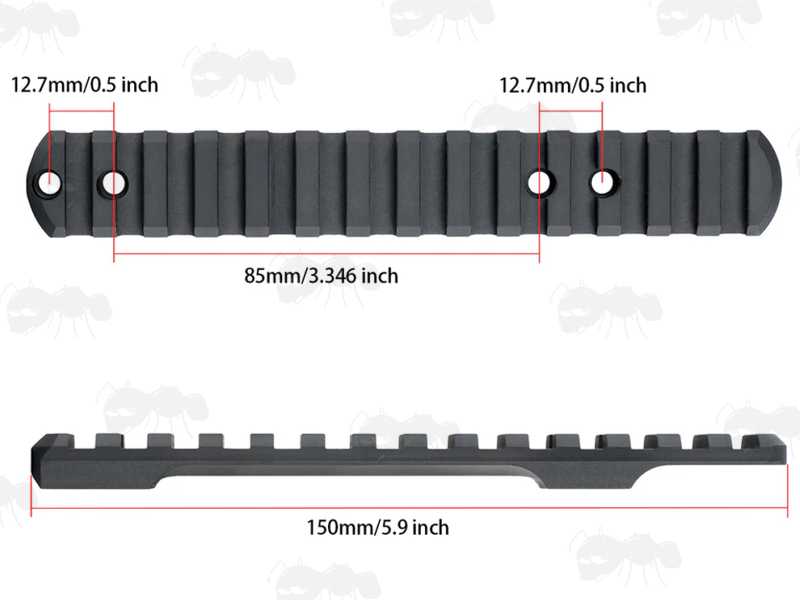 Dimensions of The Steel Picatinny Rail with 14 Slots for Savage Arms Axis, Axis II and Edge Rifles
