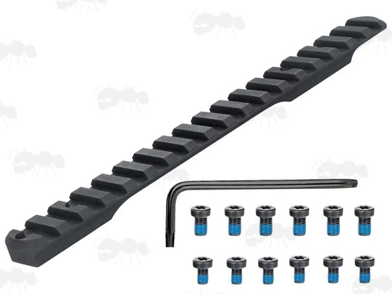 Steel Picatinny Rail with 14 Slots for Savage Arms Axis, Axis II and Edge Rifles, Shown with Torx Head Fixing Screws