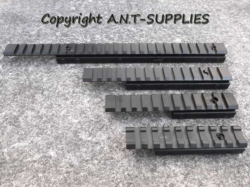 Four Low-Profile 9.5-11mm Dovetail to 20mm Weaver / Picatinny Forward Reach Long Rail Adapters, in Four Length Options