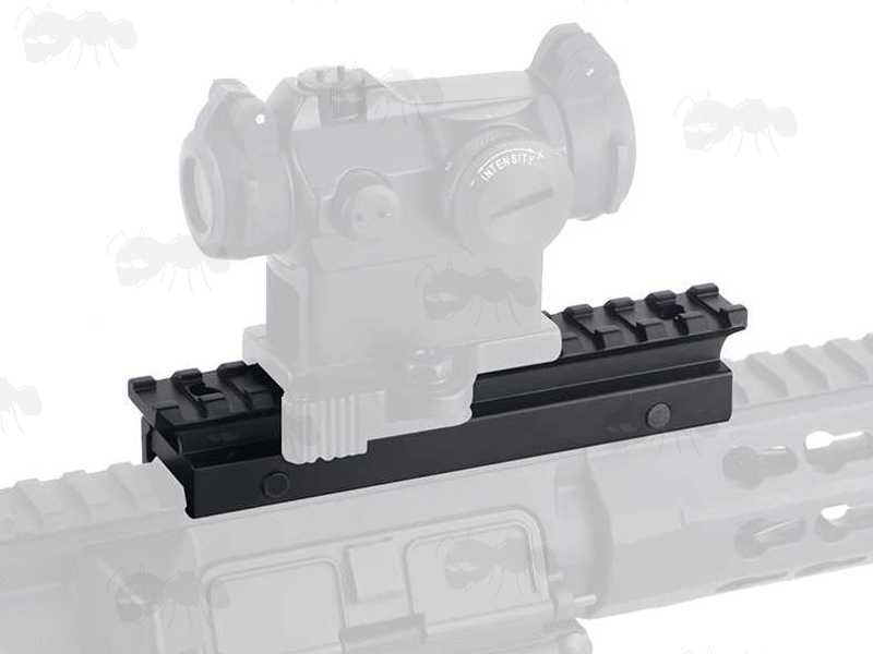 Medium Profile Long Extended Thirteen Slot Length Weaver Raiser Rail, Shown with Dot Sight Fitted