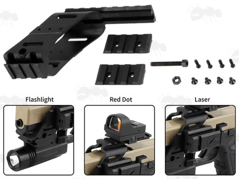 Black Polymer Universal Fitting Railed Pistol Scope Rail Mount Adapter on Pistol with Tactical Torch, Reflex Sight and Laser Attached
