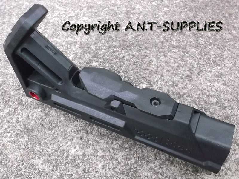 Sliding Stock Release Lever View on The Base of The Black M4 Style Collapsible Tactical Rifle Buttstock, with a Red 10mm Push Button Flush Fit QD Sling Swivel Socket