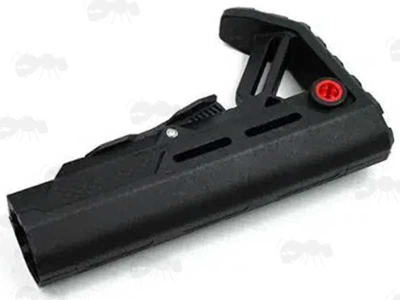 Black M4 Style Collapsible Tactical Rifle Buttstock with a Red 10mm Push Button Flush Fit QD Sling Swivel Socket
