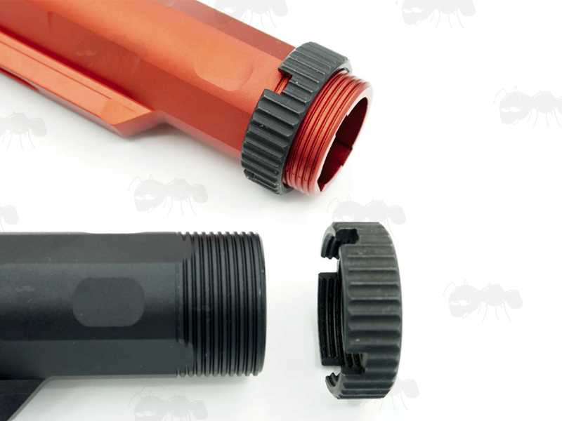Red and Black Metal Airgun Mil-Spec Enhanced Buffer Stock Tubes with Castle Nuts