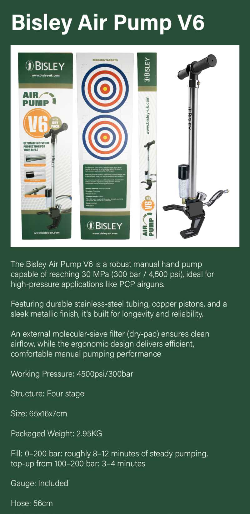 Bisley V6 Black Hand-Powered Four-Stage Manual Stirrup Pump with Filter for PCP Airguns