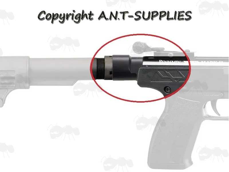 Black All Metal Crosman Benjamin Trail NP Mark II Pistol Stock Buffer Tube Adapter Shown Fitted with Buffer Tube