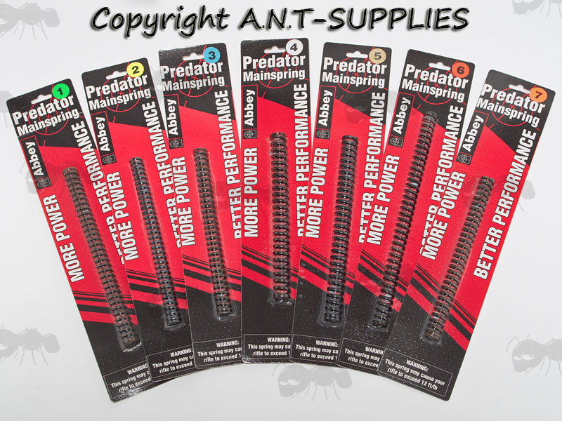 Range of Seven Abbey Predator Airgun Mainsprings on Individual Red and Black Cards