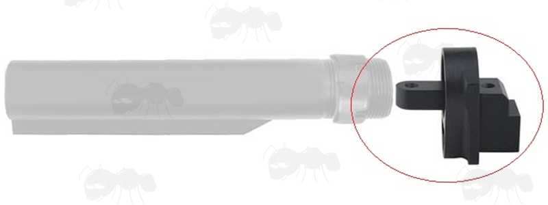 Black All Metal Buffer Tube Thread Adapter for AK Rifle Shown Next to an AR Style Buffer Tube