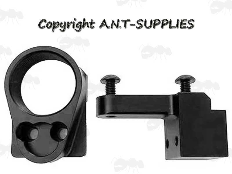 Black All Metal Buffer Tube Thread Adapter for AK Rifle Shown in Two Parts